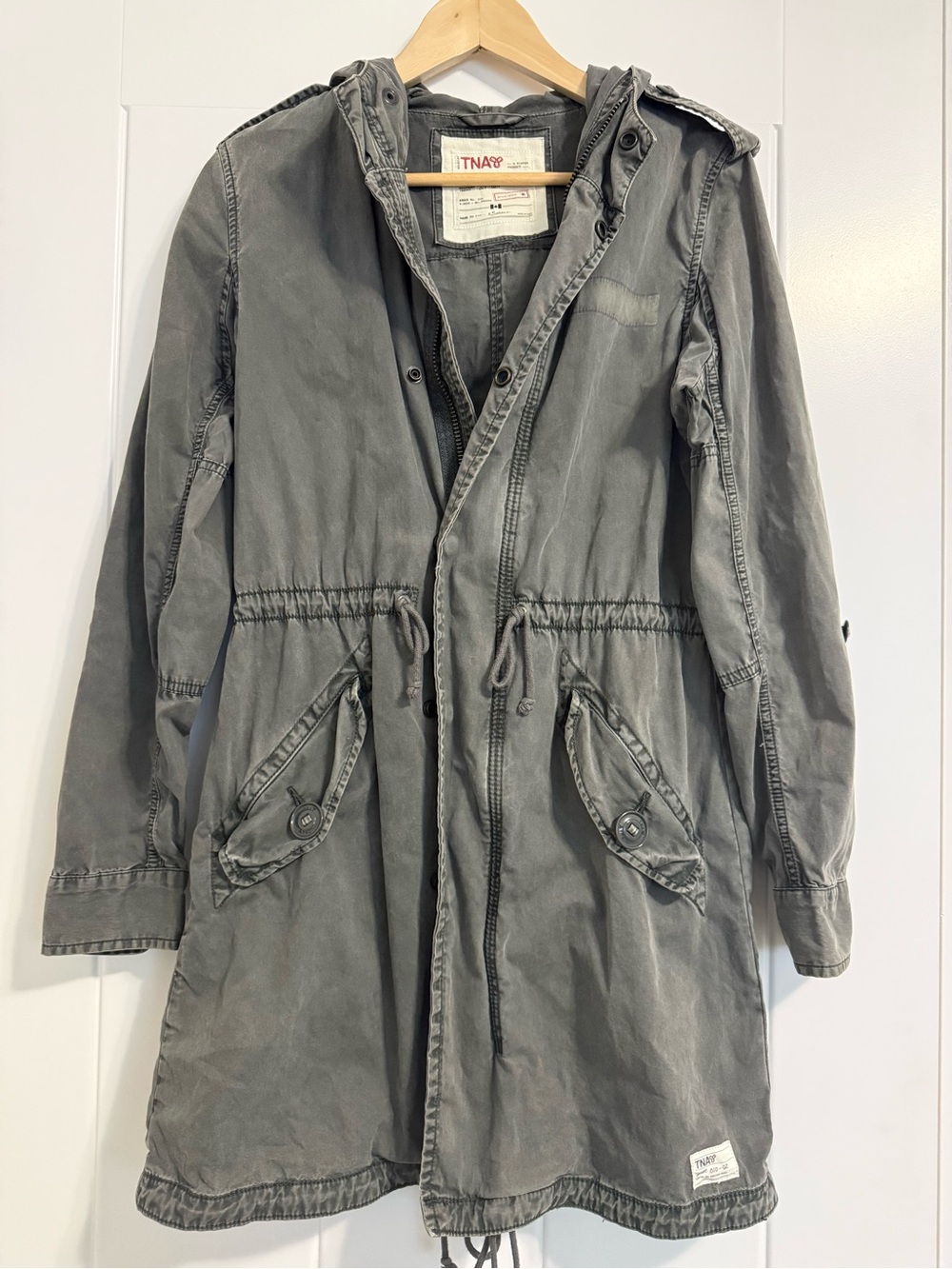 TNA Hooded Drawstring Trench Coat in Faded Gray